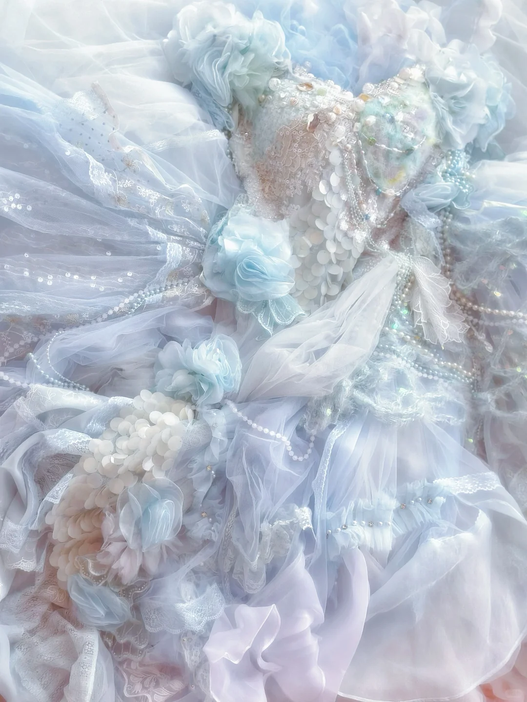 Unique Blue Ball Gown Off the Shoulder Floral Exquisite Beaded Tulle Prom Dress DP3820