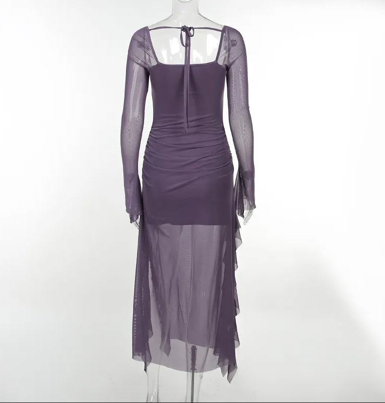 Grape Purple A Line Long Sleeve Ruffle Tulle Homecoming Dress Date Dress Outfits DP3105