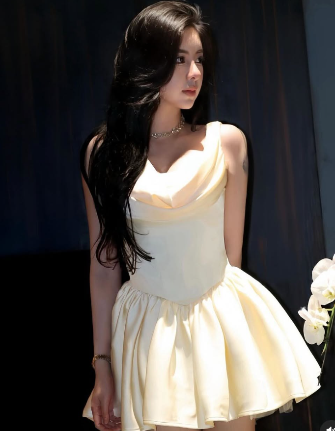Cute A Line Strap Champagne Satin Short Homecoming Dress Birthday Dress DP1690