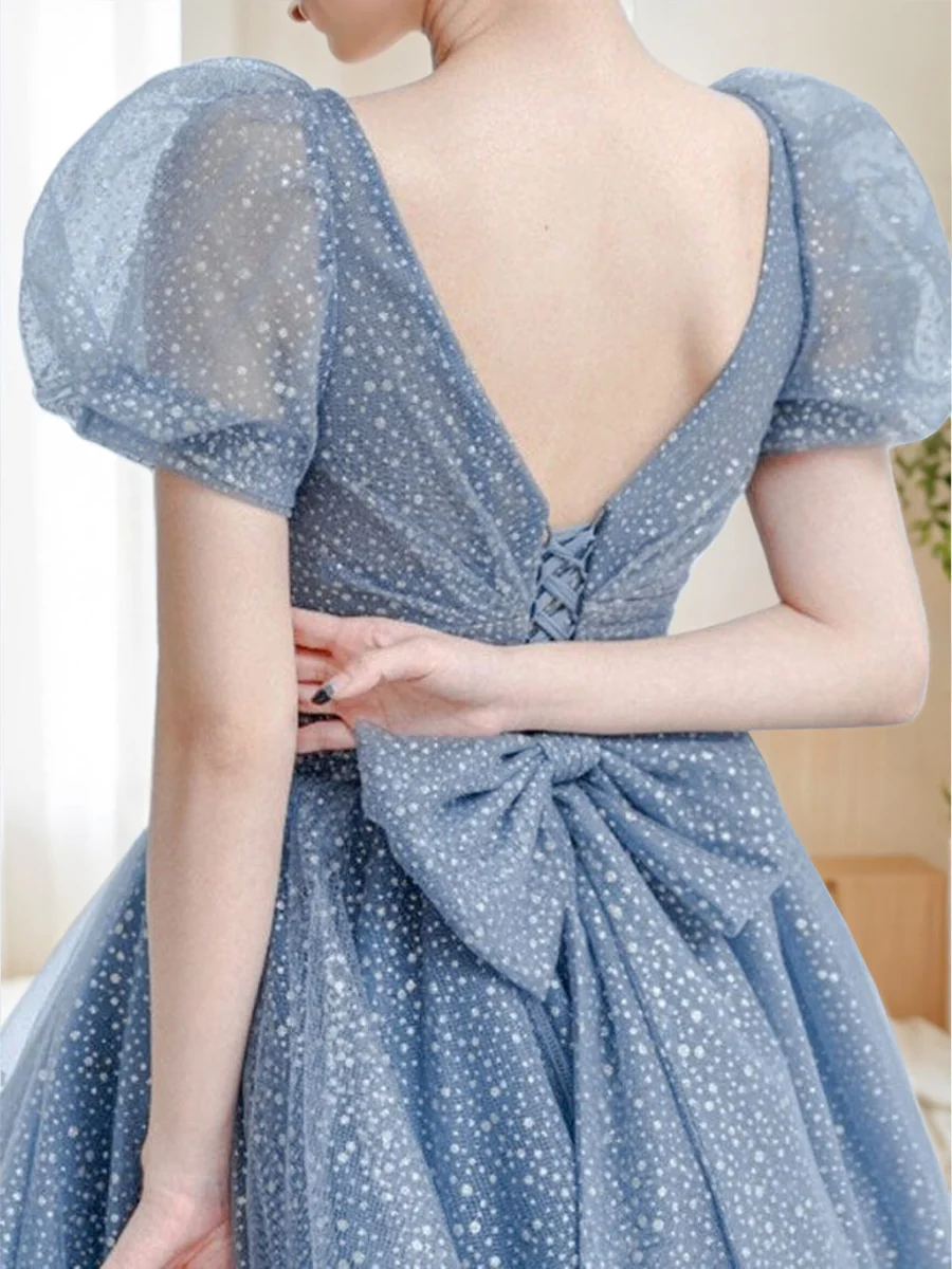 Blue Tulle Lace Appliques Long Prom Dress Formal Quinceanera Dress Ball Gown DP061
