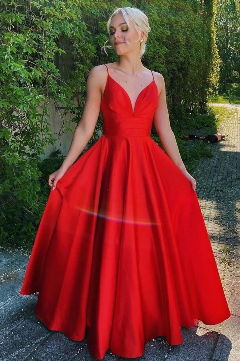 Simple A Line Spaghetti Straps Red Satin Long Prom Dress Evening Dress DP1220