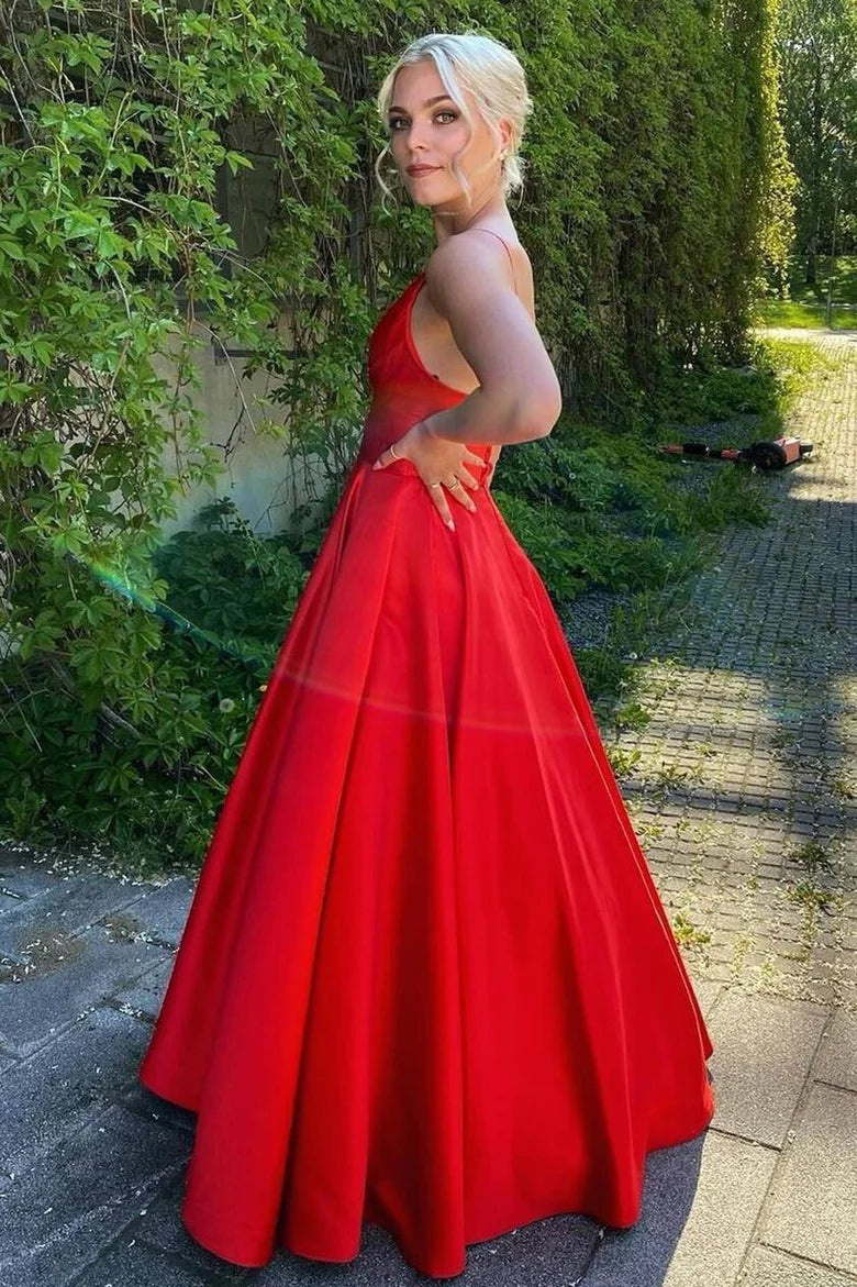 Simple A Line Spaghetti Straps Red Satin Long Prom Dress Evening Dress DP1220