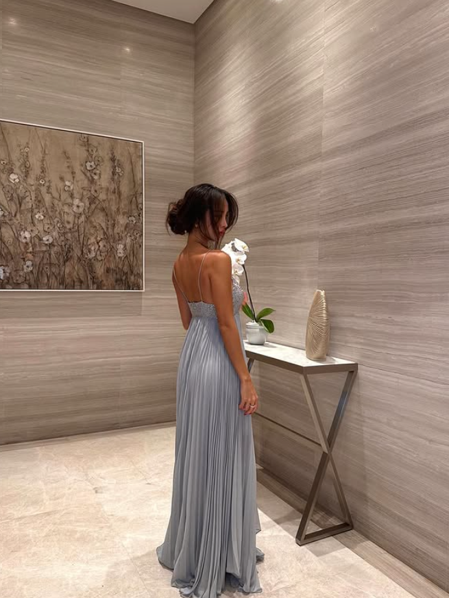 Blue Grey A Line Spaghetti Strap Sequin Beaded Pleated Chiffon Prom Dress 18th Birthday Dress DP3782