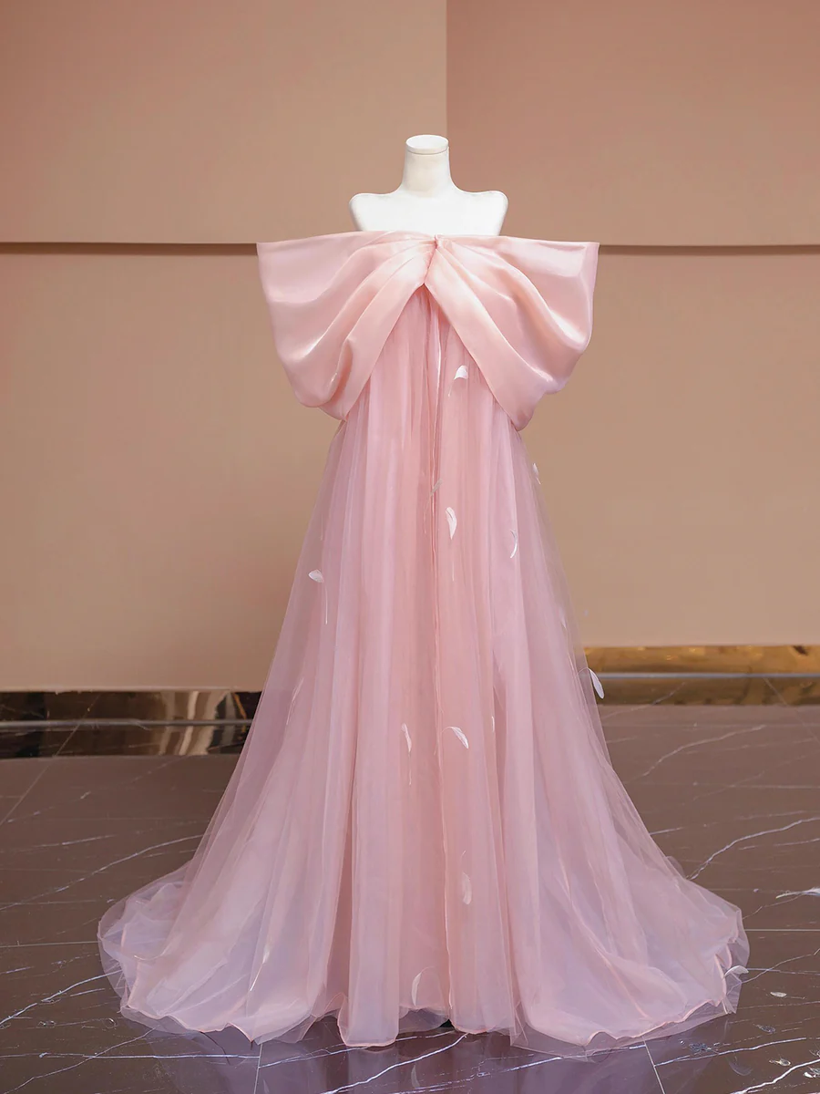 Pink Bow Floor Length Prom Dress, Lovely A-Line Princess Off the Shoulder Formal Dress DP2021