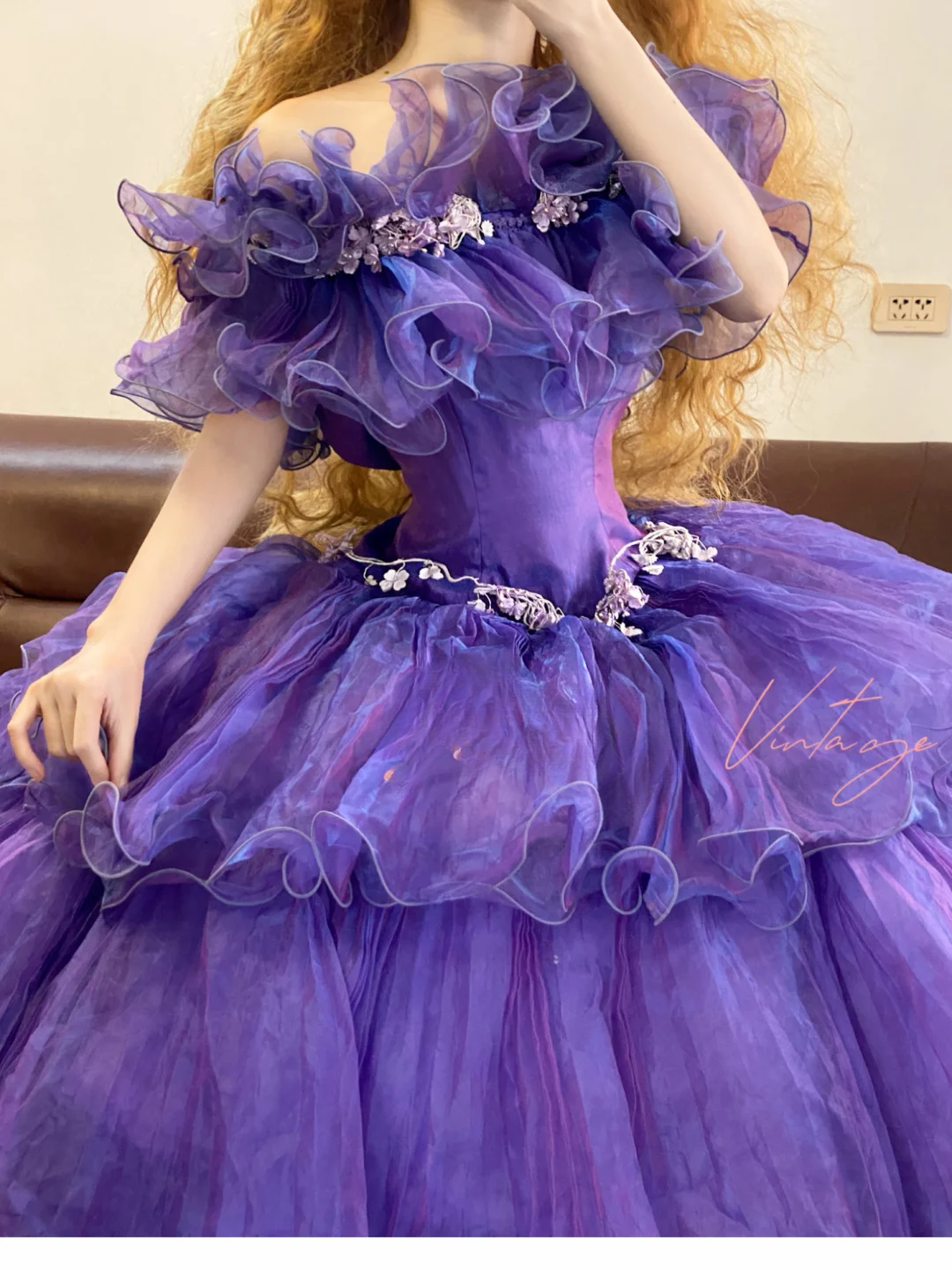 Purple Ball Gown Off the Shoulder Rhinestone Layered Organza Prom Dress 22 Birthday Dress DP4072