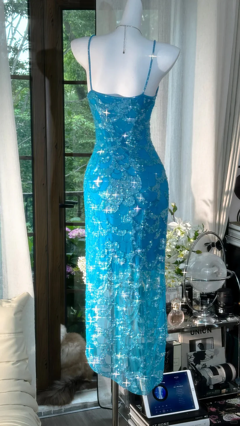 Blue Sparkling Sequin Long Tulle Ball Gown Evening Gown Birthday Gown Wedding Gown DP2913