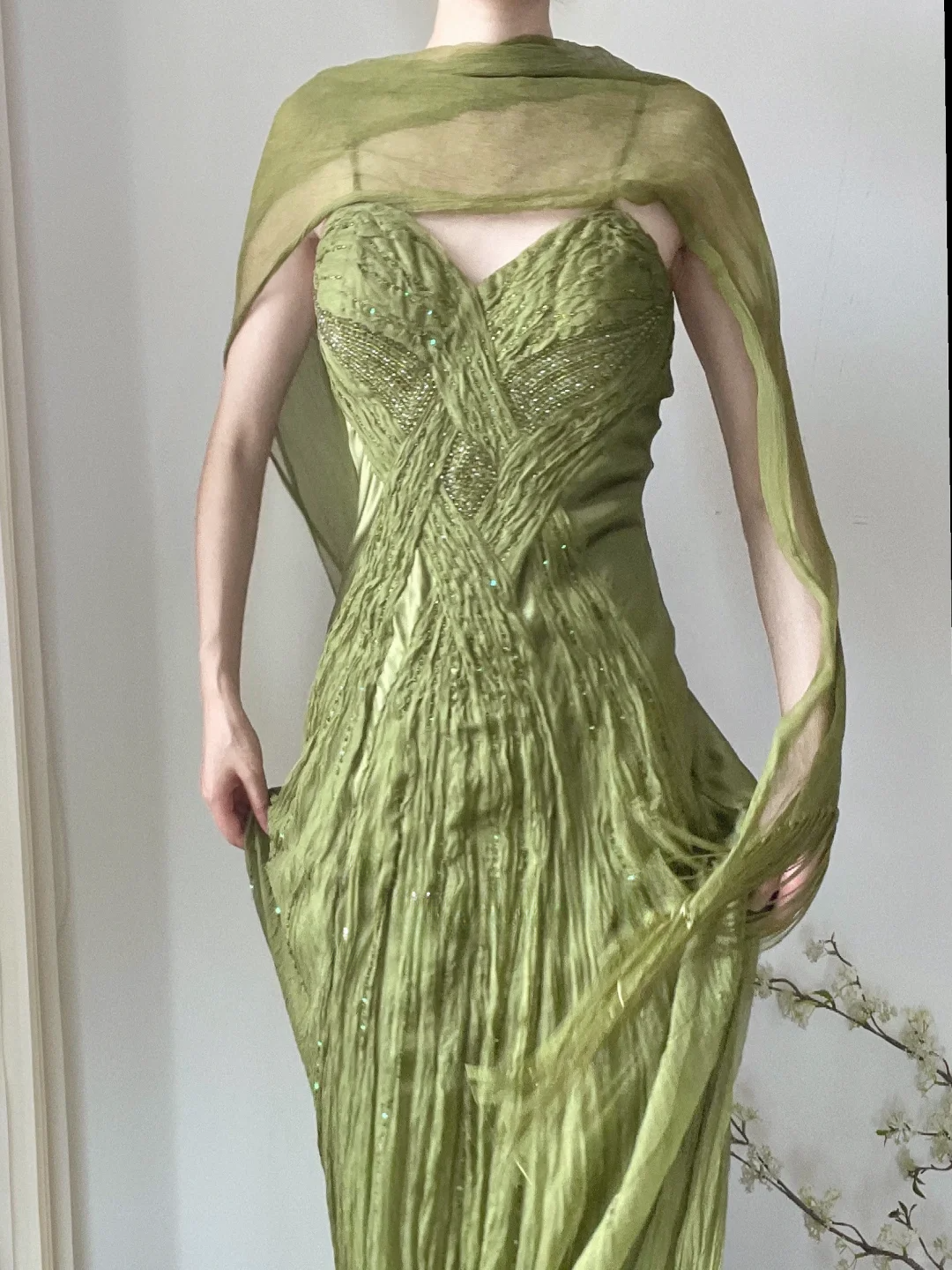 Retro Green Mermaid Spaghetti Strap Beaded Pleated Chiffon Long Prom Dress Evening Dress DP3350