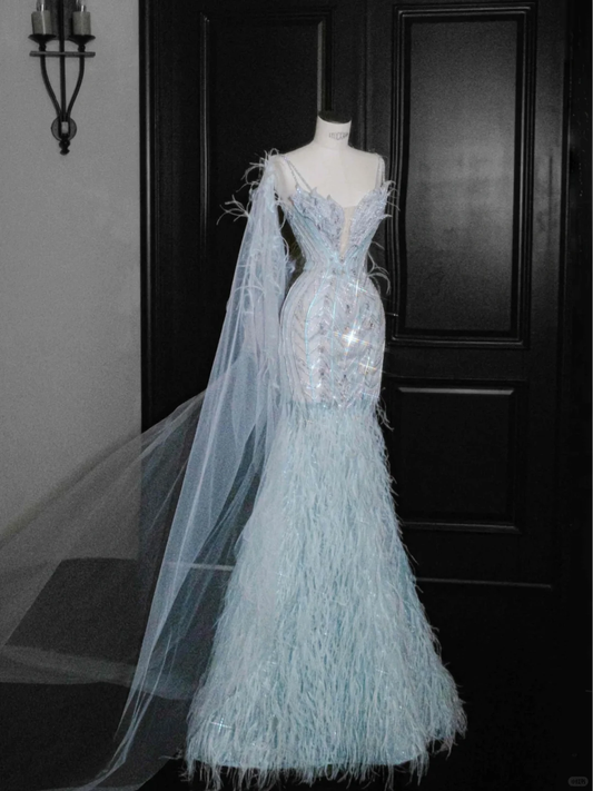 Pretty Mermaid Spaghetti Strap Blue Feather Sequin Prom Dress Party Dress DP2686