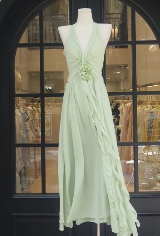 Light Green A Line V Neck Ruffle Chiffon Prom Dress Outfits DP4710