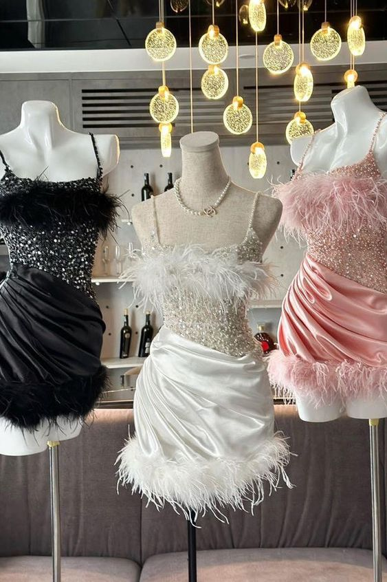 Glitter Sequins Spaghetti Straps Homecoming Dresses With Feather DP165