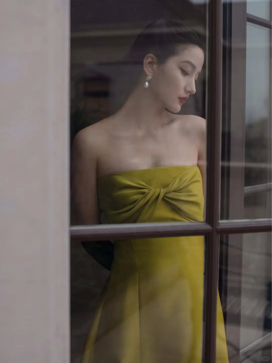 Simple A Line Strapless Yellow Satin Long Prom Dress Party Dress DP2515