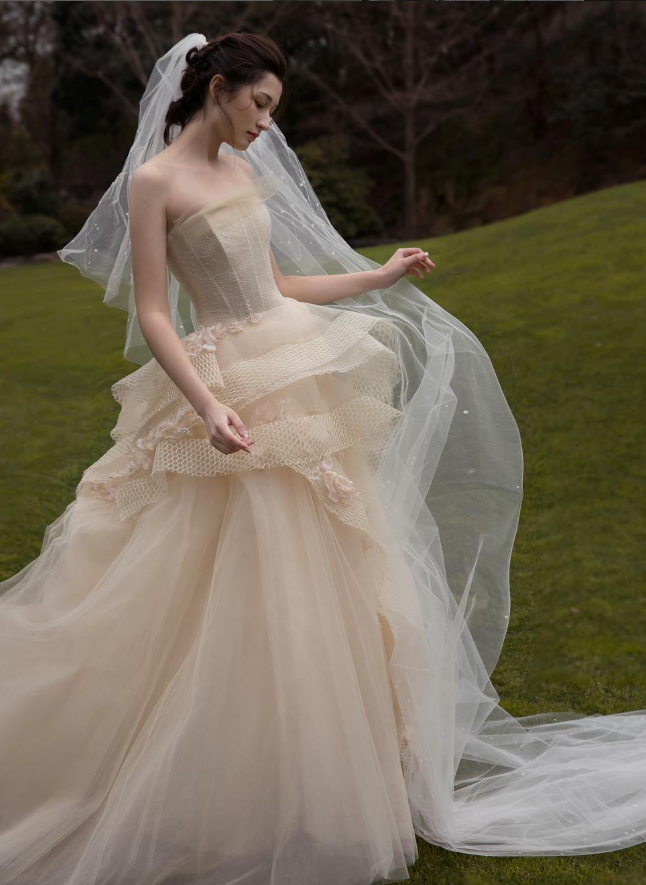 Luxury Ball Gown Strapless Champagne Tulle Long Wedding Dress DP1563
