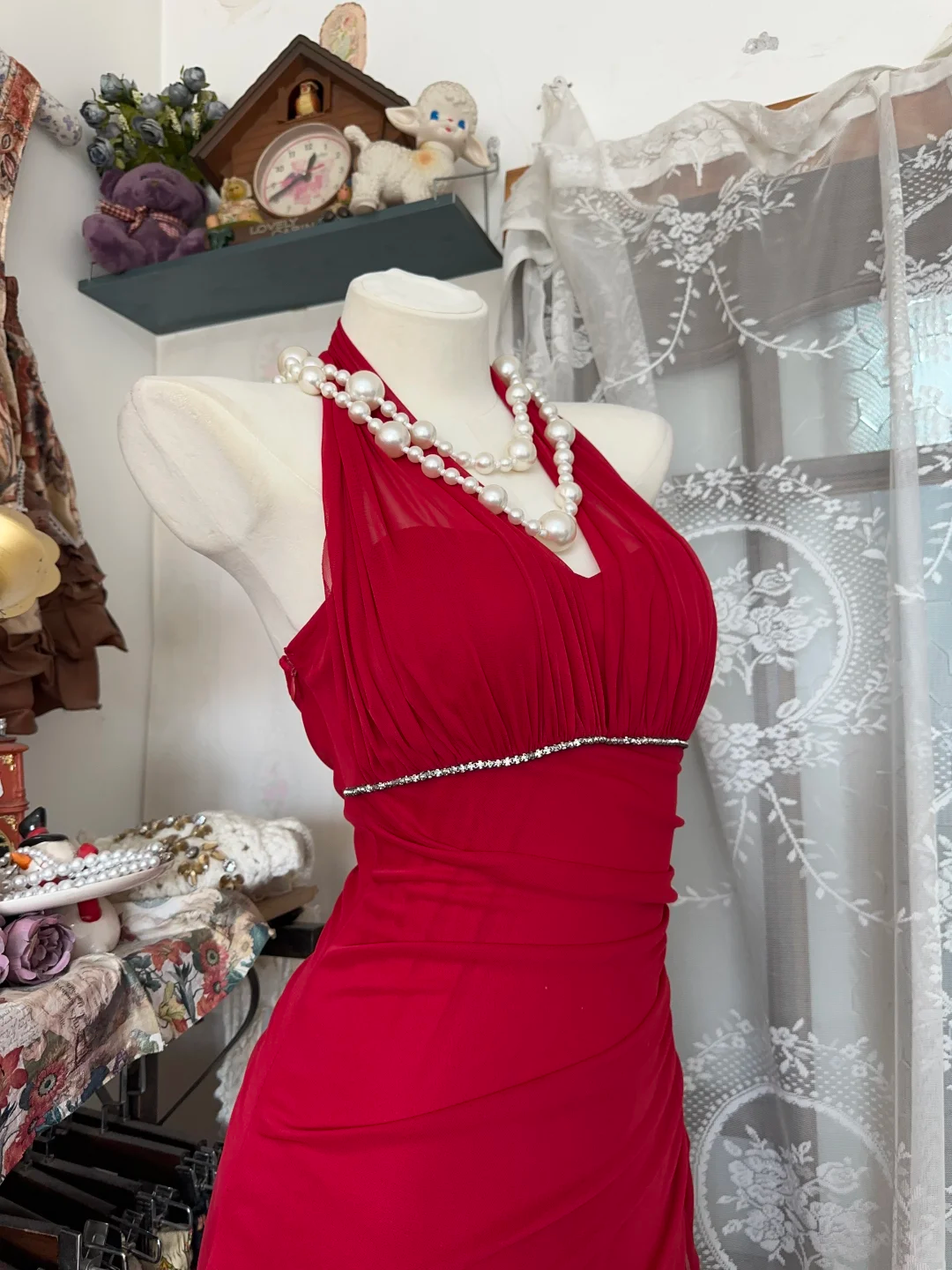 Vintage A Line Halter Red Chiffon Open Back Prom Dress Evening Dress DP4868