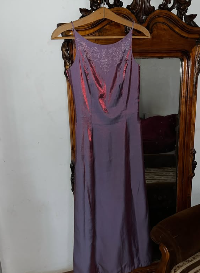 Vintage A Line Exquisite Beaded Purple Satin Prom Dress Evening Dress Date Dress DP5707