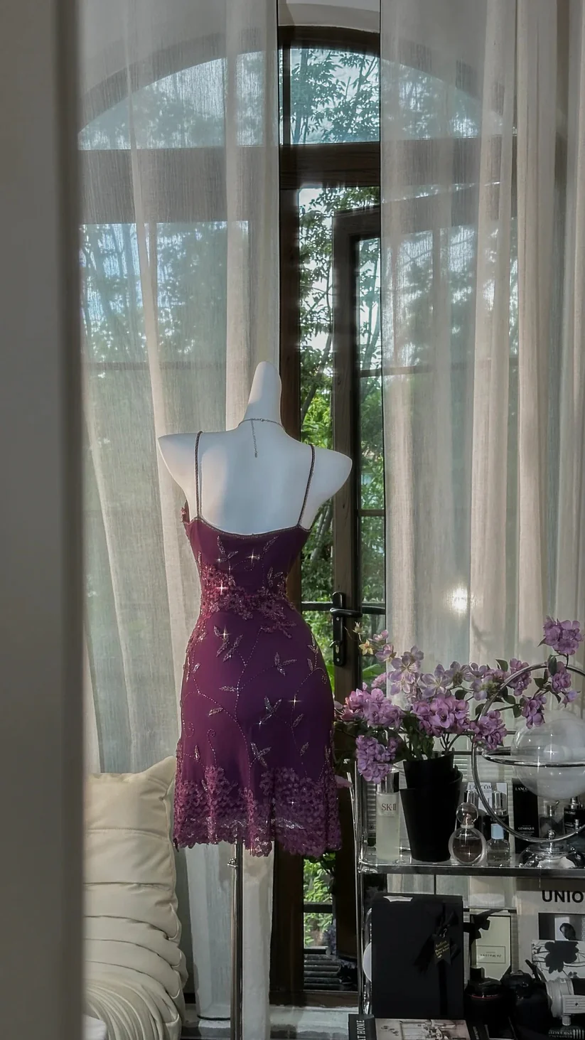Dark Purple Beaded Sequin Lace Chiffon Prom Dress Date Dress Homecoming Dress DP2907