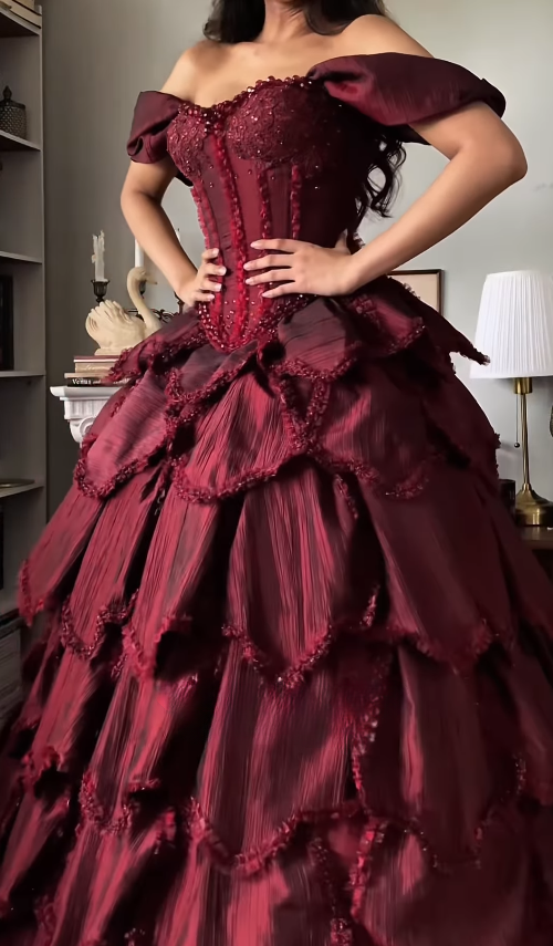 Burgundy Ball Gown Off the Shoulder Layered Beaded Satin 16th Birthday Dress Quinceanera Dress DP4438