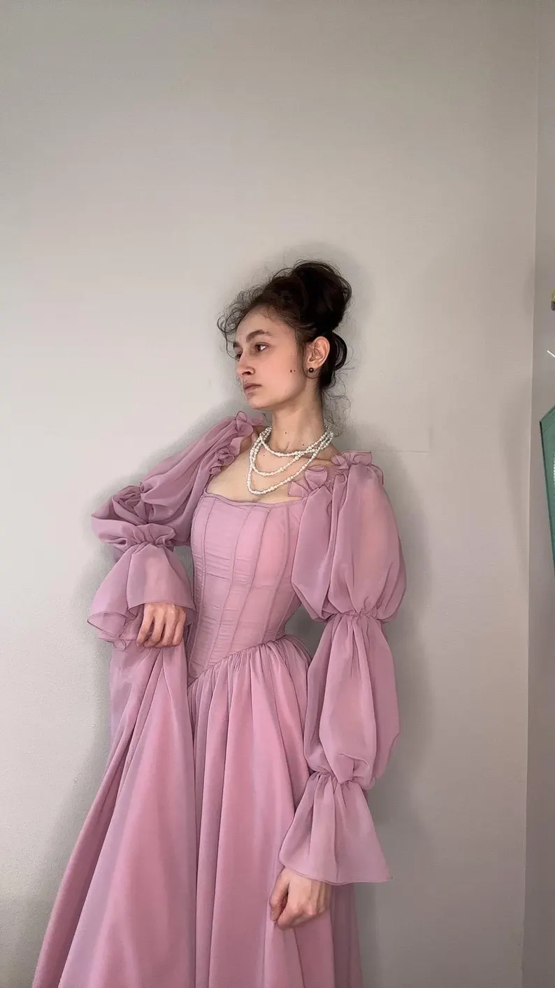 Purple A Line Long Sleeve Corset Chiffon Long Party Dress Outfits Dress DP2630