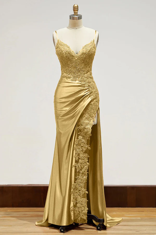 Elegant Spaghetti Straps Prom Dress Black Satin Sheath Appliques Long Formal Evening with Slits DP2125