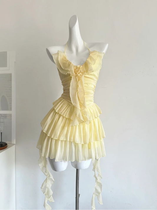 Cute A Line Halter Ruffle Flower Yellow Chiffon Short Homecoming Dress Cocktail Dress DP2568