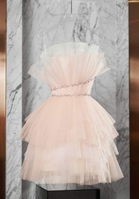 Cute A Line Strapless Layered Light Pink Tulle Homecoming Dress Cocktail Dress DP2604