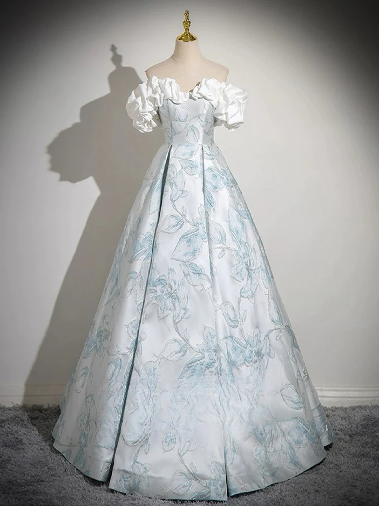 Classical Prints Off Shoulder Satin Long Prom Dress Formal Ball Dress DP524