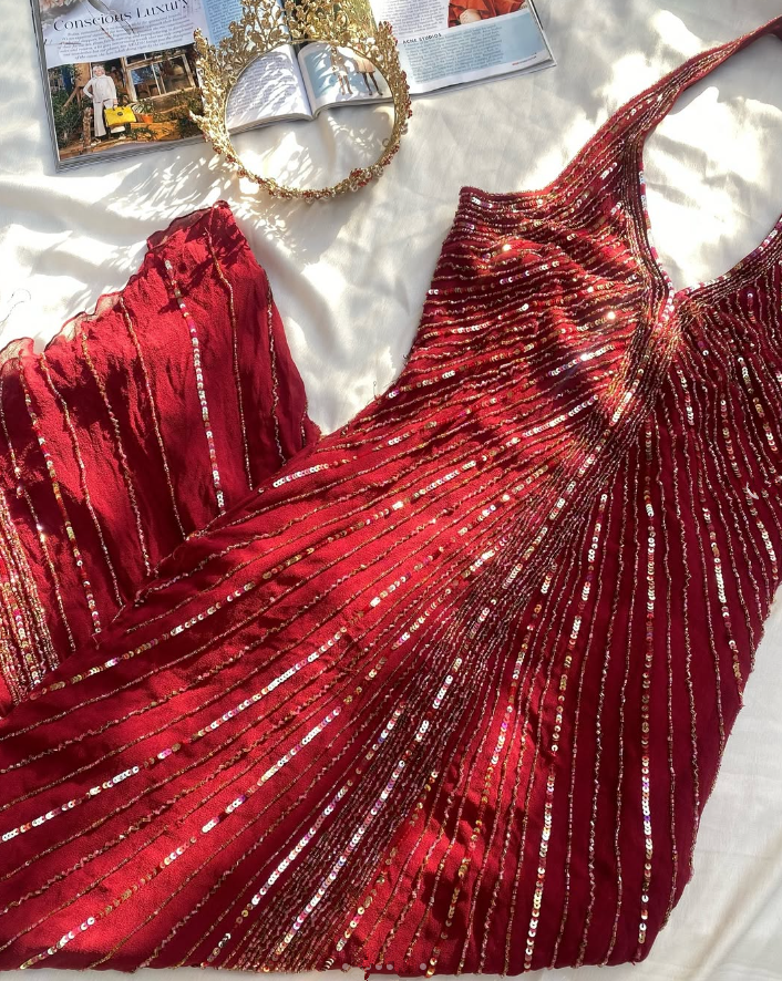 Burgundy Mermaid Halter Beads Sequins Chiffon Prom Dress Evening Dress DP1373