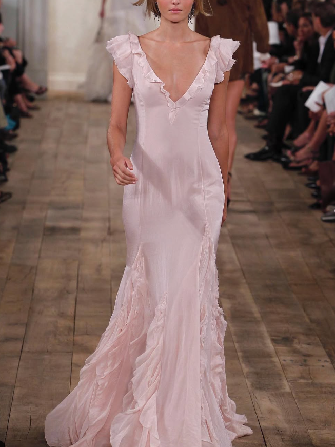 Elegant Mermaid V Neck Light Pink Ruffle Chiffon Long Prom Dress Evening Dress DP2135