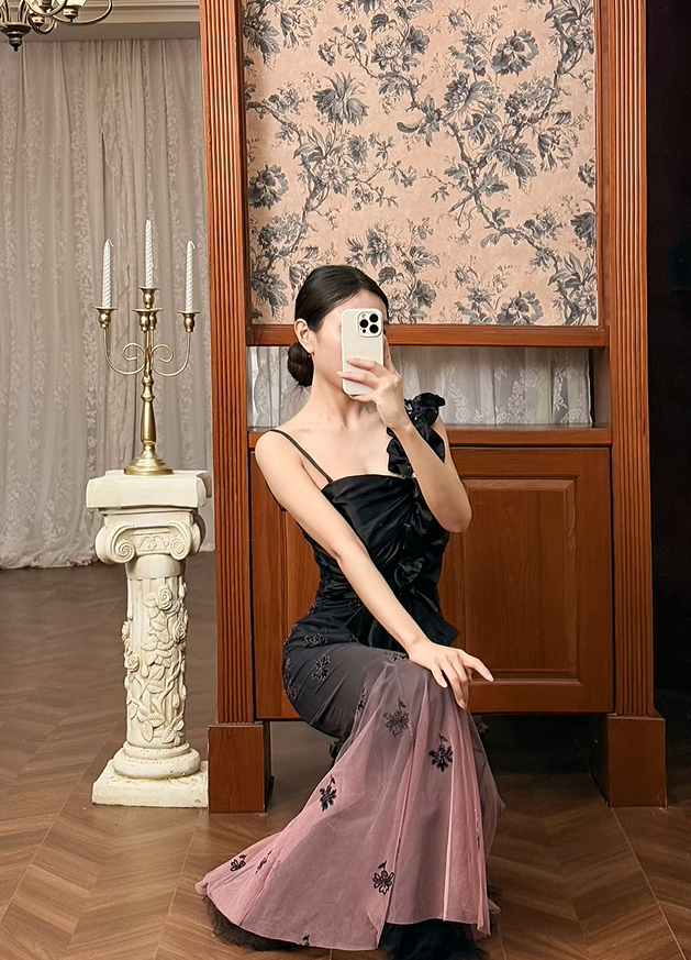 Vintage Mermaid Appliques Black Pink Ombre Tulle Satin Prom Dress Evening Dress DP5412
