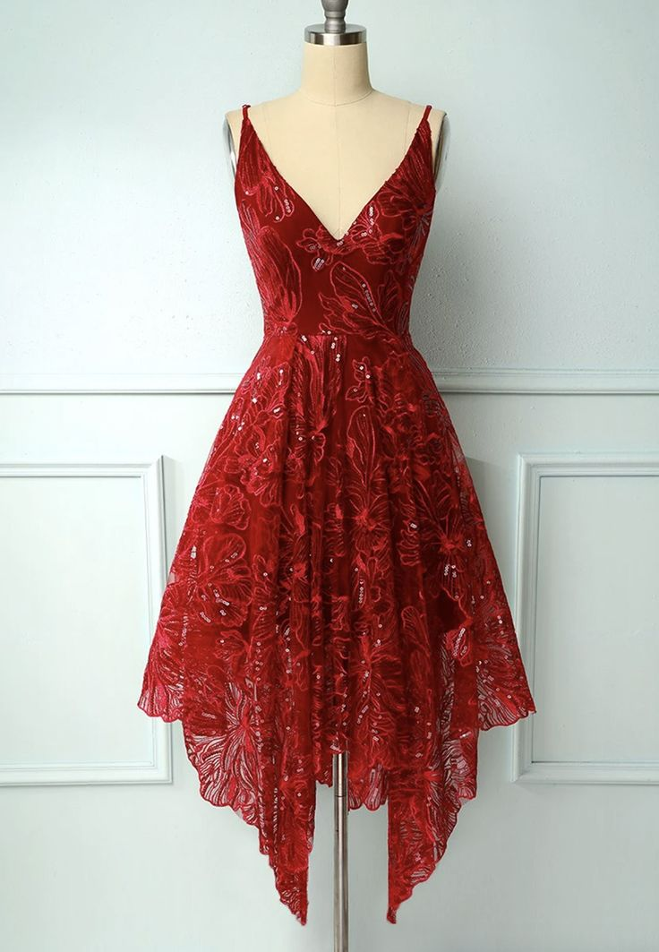 Charming Red V Neck Lace High Low Prom Dress Evening Dress DP184