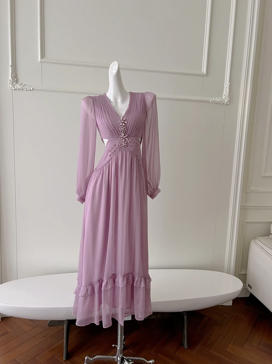 Elegant A Line Long Sleeve Light Purple Rhinestone Chiffon Prom Dress Wedding Guest Dress DP2454