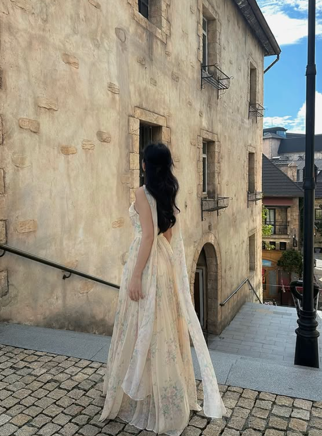 Gentle A Line Strapless Print Floral Chiffon Prom Dress 16th Birthday Dress DP3974