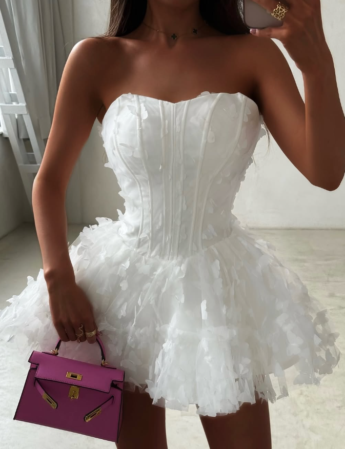 White Butterfly A Line Strapless Corset Tulle Short Homecoming Dress Cocktail Dress DP3196