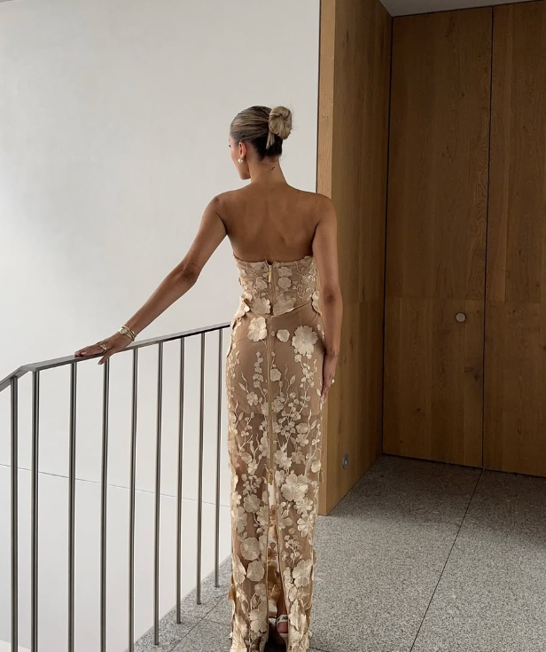 Brown Sheath Sweetheart Neck Appliques Satin Long Prom Dress Evening Dress DP1484