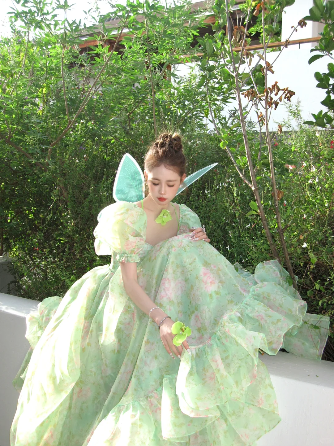 Green Ball Gown Puff Print Floral Ruffle Chiffon Long Party Dress Birthday Dress DP2418