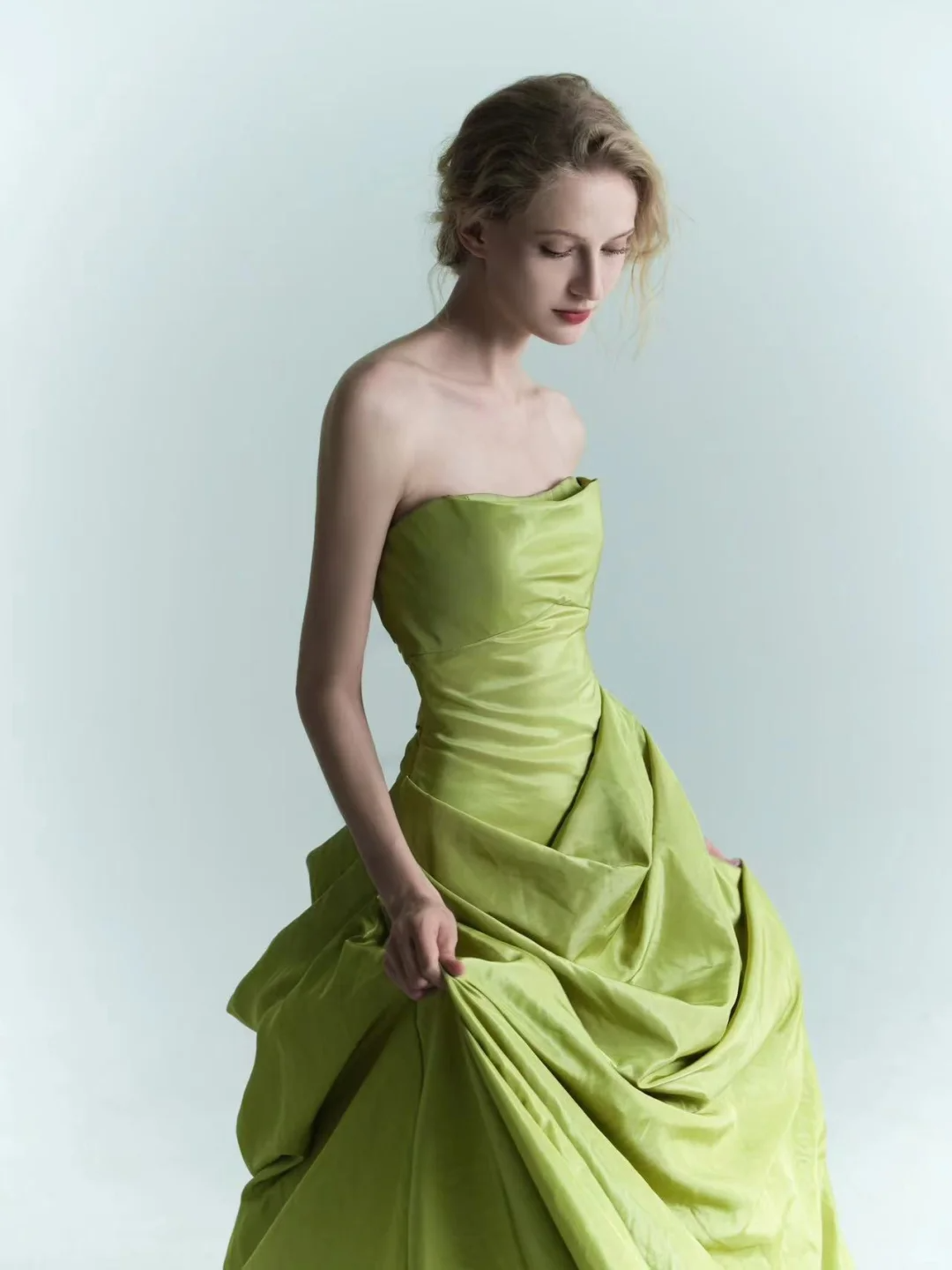 Charming Green Ball Gown Strapless Pleated Satin Prom Dress Formal Gown DP3721