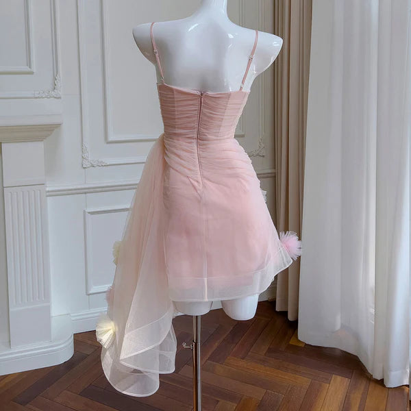 A Line Straps Pink Flower Tulle Short Homecoming Dress Outfits DP1330