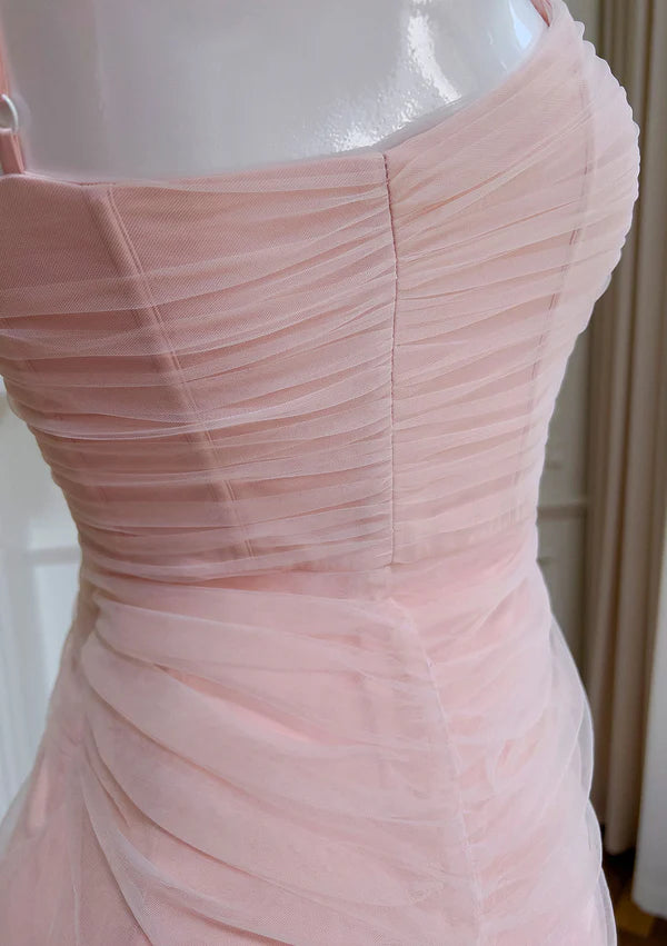 A Line Straps Pink Flower Tulle Short Homecoming Dress Outfits DP1330
