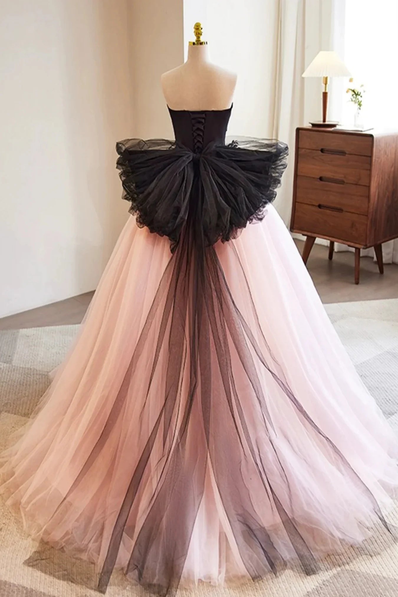 Strapless Bow Pink Tulle Long Prom Dresses Ball Gown with Black Appliques DP1065