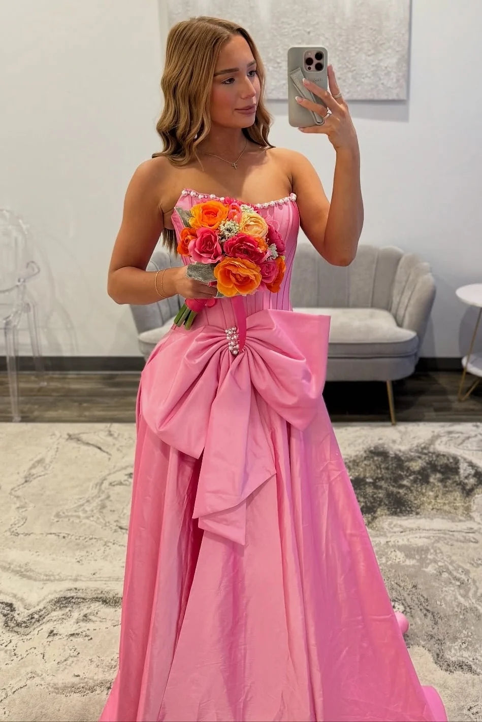 Pretty A Line Strapless Pink Corset Prom Dress with Bowknot Pearls DP7493