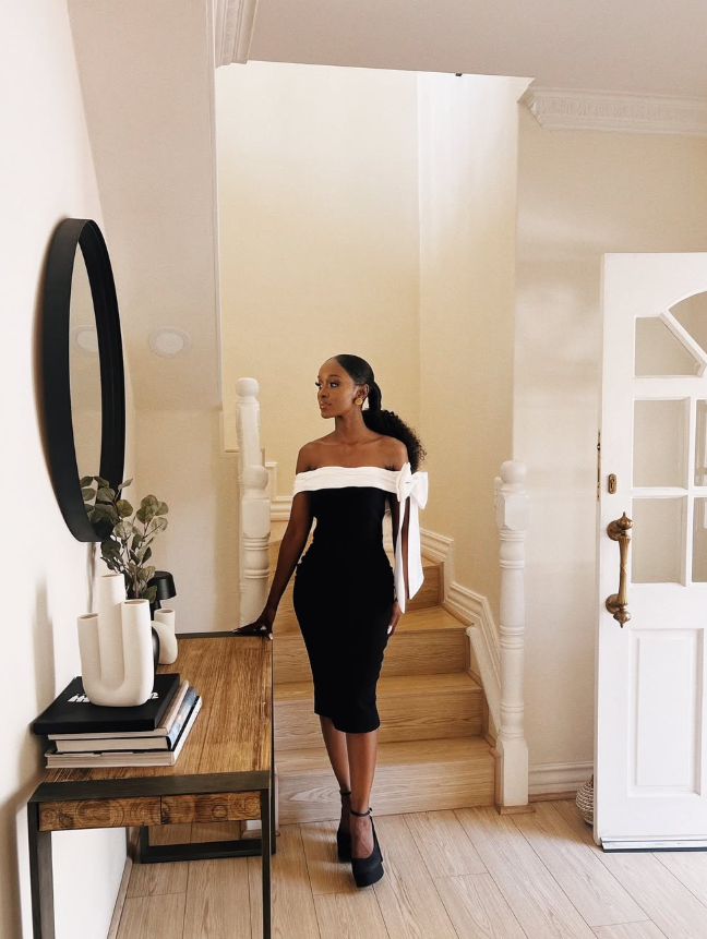 Classic Black White Sheath Off the Shoulder Satin Tea Length Evening Dress Party Dress with Bow DP3256