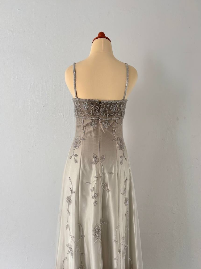 Vintage Unique A Line Spaghetti Strap Beaded Satin Tulle Prom Dress DP4827