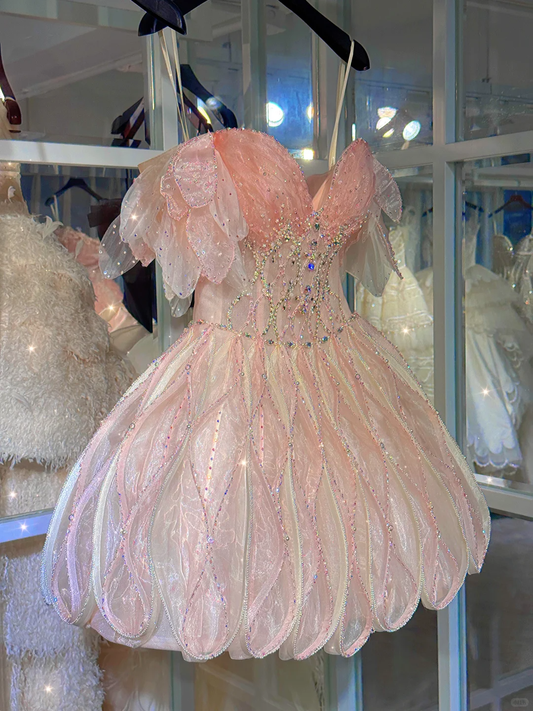 Gentle A Line Off the Shoulder Rhinestone Pink Tulle Homecoming Dress Cocktail Dress DP2679