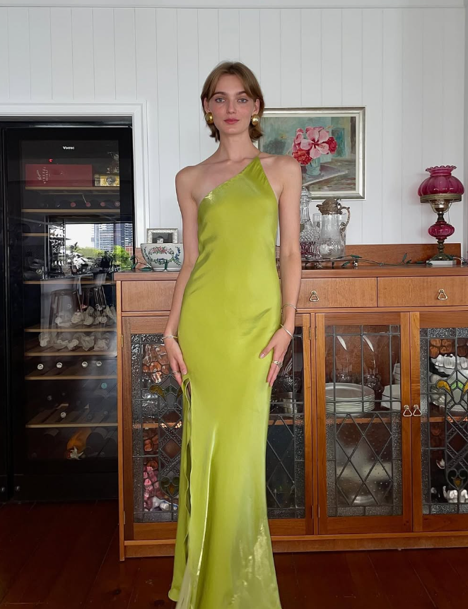 Simple Sheath One Shoulder Green Satin Open Back Prom Dress Graduation Prom Dress DP2154