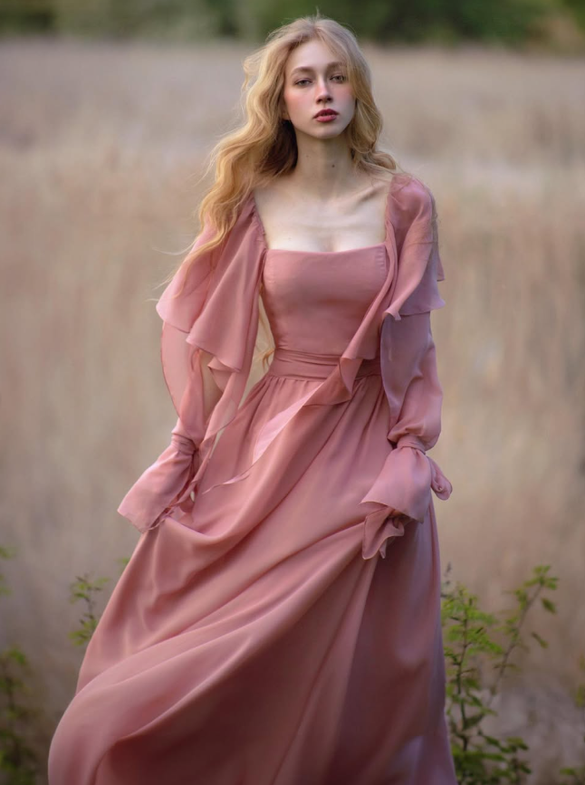 Flowy Carnation Pink A Line Long Sleeve Prom Dress Evening Dress Formal Dress DP3154