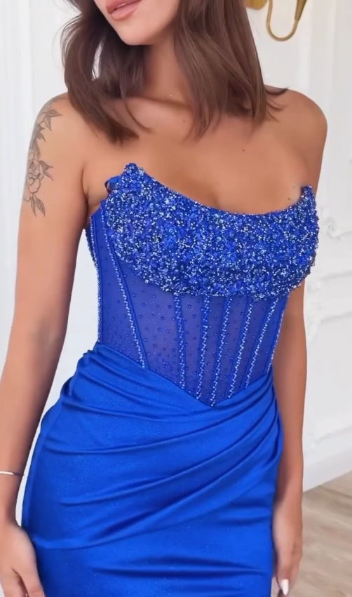 Royal Blue Mermaid Strapless Beaded Corset Satin Prom Dress Evening Dress with Slit DP4336