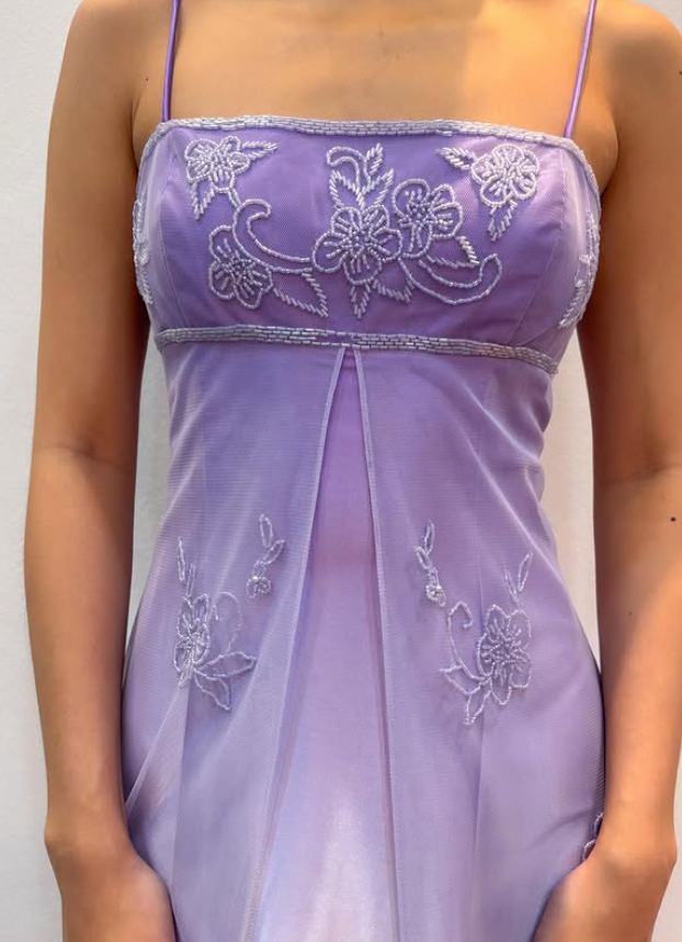 Vintage Lilac Ombre A Line Beaded Tulle Satin Prom Dress Evening Dress Date Dress DP5274
