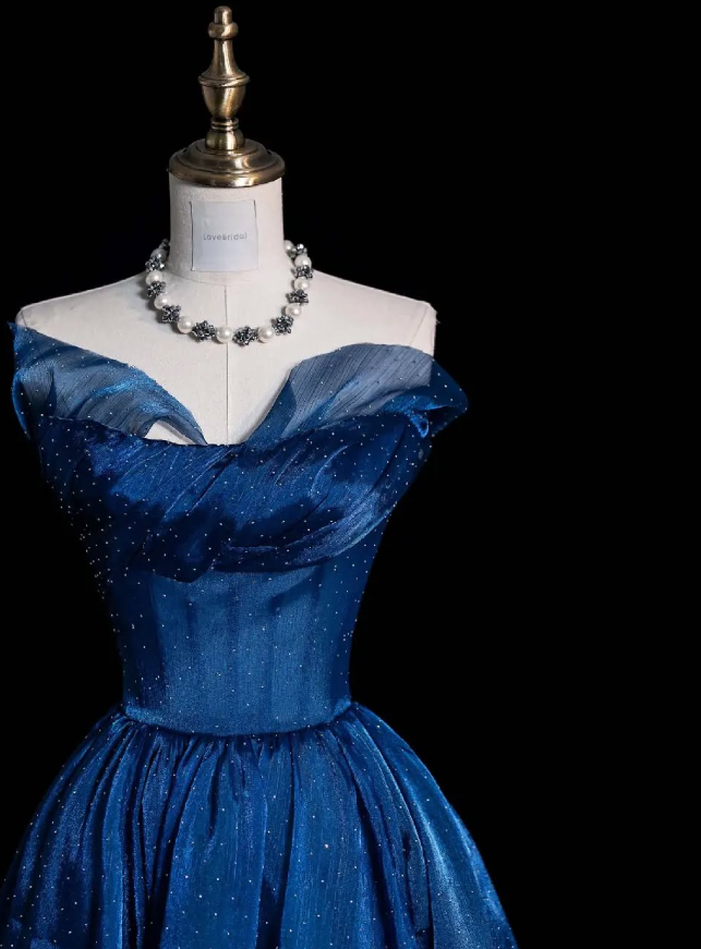 Elegant Blue A Line Strapless Beaded Tulle Prom Dress Evening Dress DP4681