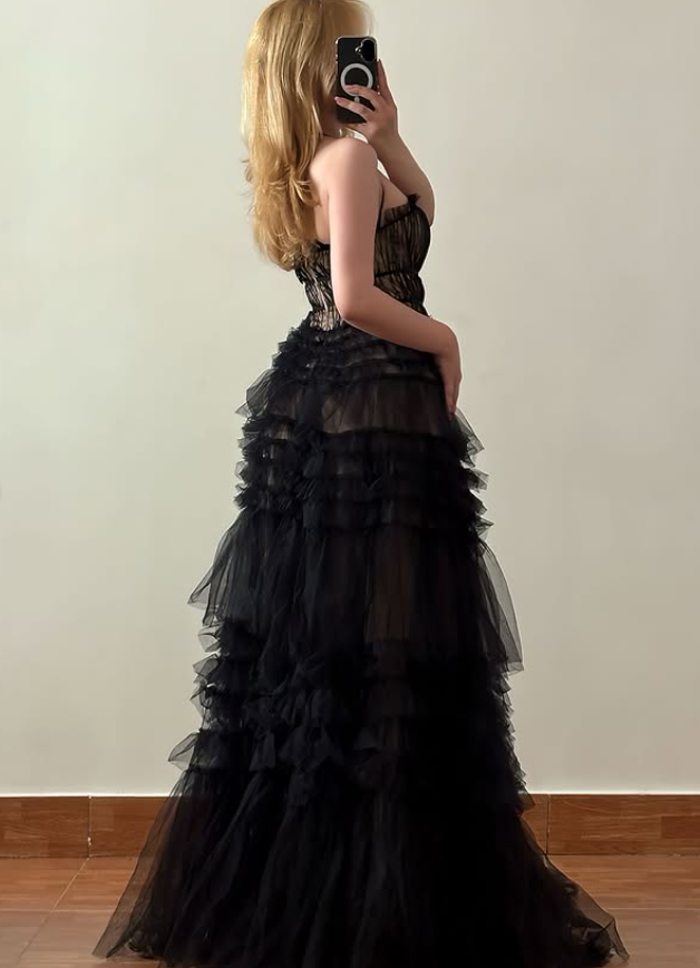 Cute Black A Line Spaghetti Strap Layered Tulle Prom Dress Evening Dress DP6417