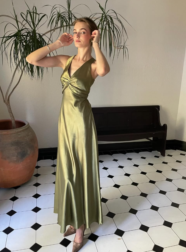 Green Sheath Halter Bow Satin Open Back Prom Dress Graduation Prom Dress DP2165