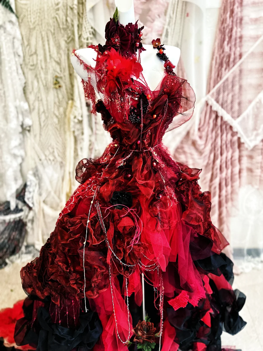Stunning Burgundy Ball Gown Spaghetti Strap Floral Beaded Tulle Prom Dress 16th Birthday Dress DP3797